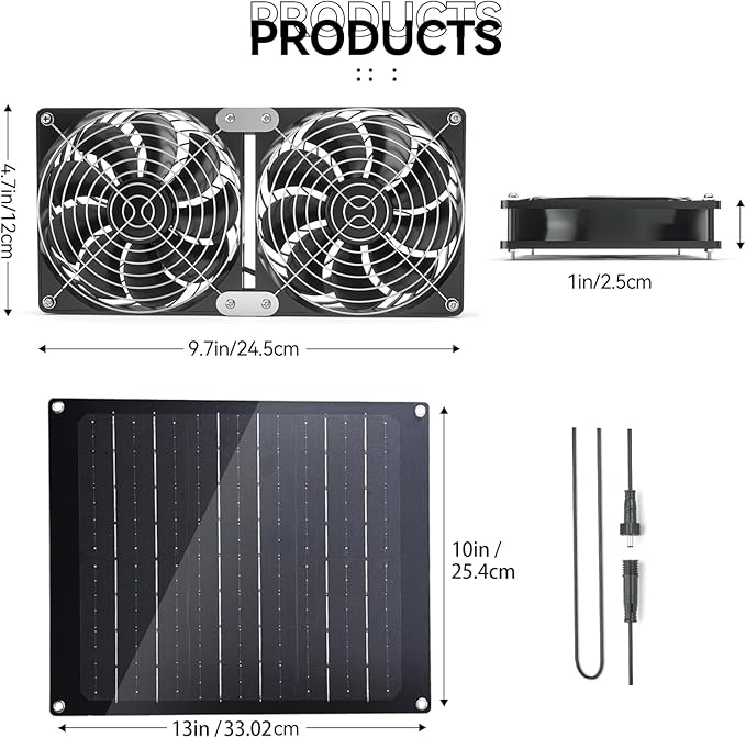 Solar Powered Fan, 30W Solar Fan with Two IPX7 Waterproof Fans for Outside Greenhouse Shed Chicken Coop, Exhaust Intake Mounting Way and Solar Panel Fan Kit