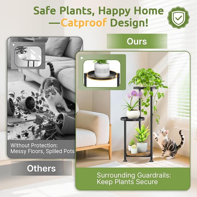 Oppro 3 Tier Plant Stand Indoor Outdoor, 10in Wide Metal Tiered Tall Flower Pot Holder Multiple Shelf, Large Heavy Duty Round Rack for Patio Garden Living Room Balcony Corner Bathroom Orchid,Modern Black