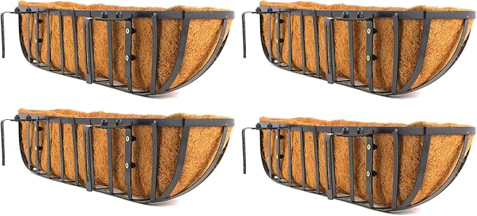 30 Inch Window Box Planters 4 Pack with Coco Liners, Rustproof Metal Hanging Flower Boxes for Outdoor Railing, Fence and Window Sill （4 Pack）