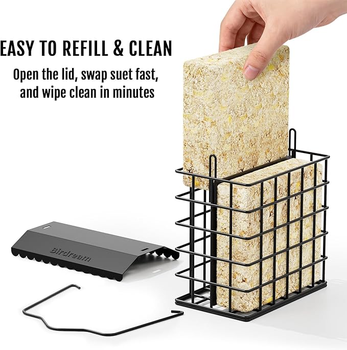 Birdream Double Suet Bird Feeders for Outdoors, All Metal Bird Suet Cakes Cage Holder with Weatherproof Roof, Easy to Refill & Clean, Attract Woodpeckers, Chickadees, Nuthatches, Black