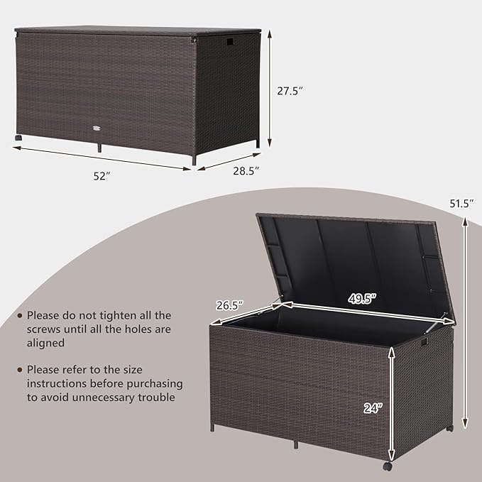 HAPPYGRILL 133 Gallon Outdoor PE Wicker Storage Box Rattan Deck Container with Waterproof Liner and 2 Universal Wheels, Garden Furniture Container Box for Cushions Garden Tools