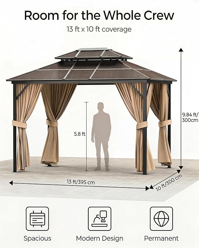 10' x 13' Hardtop Gazebo with Polycarbonate Double Roof, Aluminum Frame Permanent Pavilion with Curtains and Netting, Outdoor Gazebo for Patio Backyard（Khaki）