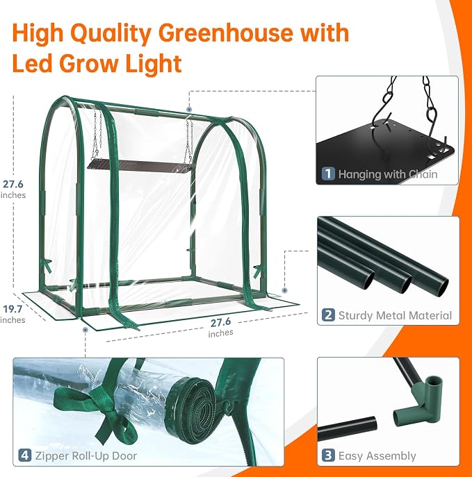 Bstrip Mini Indoor Greenhouse with Grow Lights, 27.2" L X 19.9" W X 27.2" H Desktop Small Greenhouse with Zippered Door and PVC Cover for Seed Starting, 1.6FT Plant Light for Indoor Plants with Timer