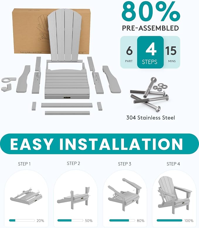 SERWALL Folding Adirondack Chair with Cup Holder for Patio Garden Outdoors Fire Pit- Spanish Gray