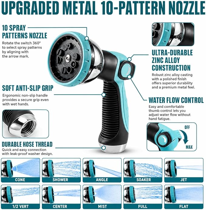 50ft Heavy Duty Garden Hose with Alloy Nozzle & Solid Brass Connectors – Lightweight, No-Kink Flexible Water Hose, 96-Spindle High-Density Weave, 12 Bar Non-Expandable TPE Core for Patio & Lawn