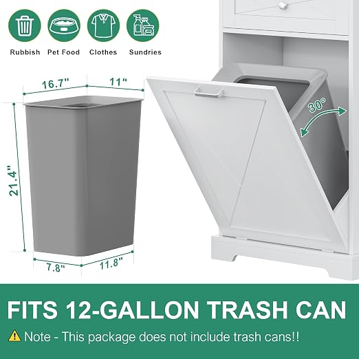 kepptory Tilt Out Trash Can Cabinet, 12 Gallon Farmhouse Laundry Hamper Cabinet with Drawer, Hidden Wooden Trash Garbage Can Bin with Storage Basket for Kitchen, Living Room (White)