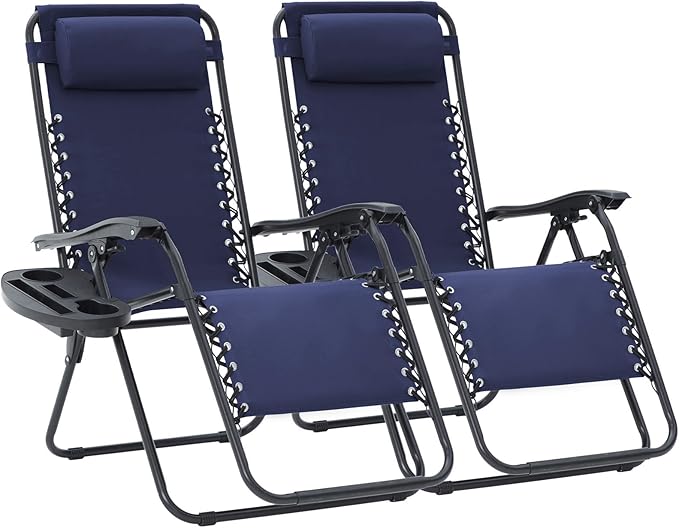 JEAREY Zero Gravity Lounge Chairs Set of 2, Breathable Steel Mesh Lounge Chairs with Head Pillows & Cup Holder Trays, for Patio, Garden, Beach, Purplish Blue