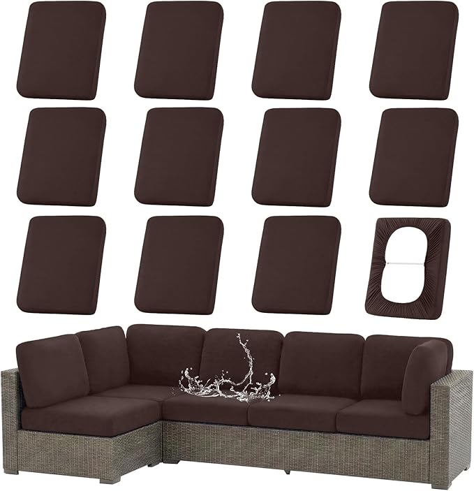 hyha Waterproof Outdoor Cushion Covers for Patio Furniture, Stretch Patio Chair Cushion Slipcovers, Coated UV Resistant Replacement Seat Covers, Solid Color (Coffee, 12PC)