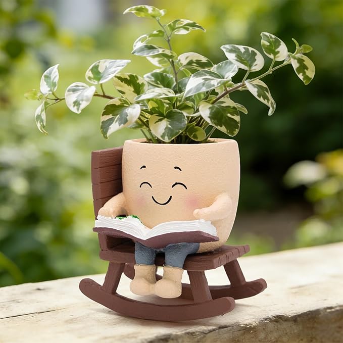 Smily Face Rocking Chair Reading Book Planter Pots with Drainage Hole, Cute Resin Flower Head Succulent Planters for Indoor Plants, Gift IdeaI for Mother Birthday Christmas