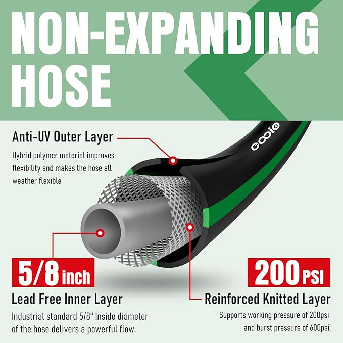 Heavy Duty Garden Hose 100 ft, NON-EXPANDABLE Water Hose with 10 Function Spray Nozzle, Lightweight Kink-less Hybrid Hose with Swivel Handle, Male to Female Fittings