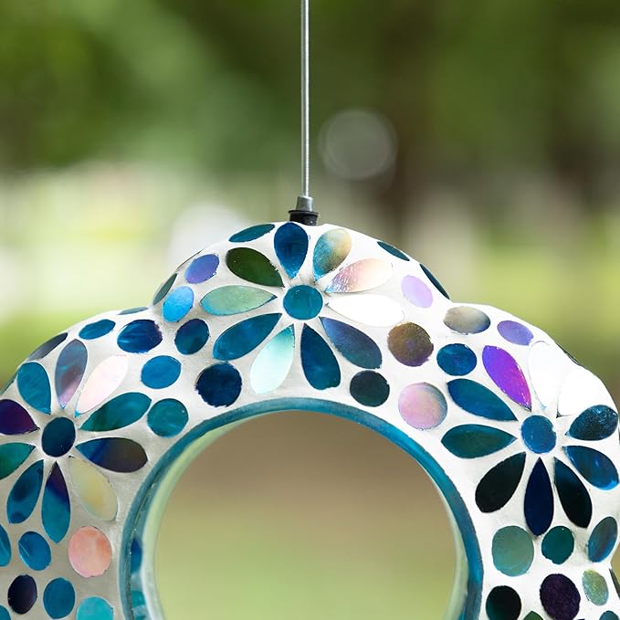 Glitzhome 8''D Hanging Glass Birdfeeder,Flower Shaped Fly Through Wild Bird Feeder for Outdoors,Multi-Color Mosaic Birdfeeder for Garden,Yard,Backyard,Deck and Porch Decor