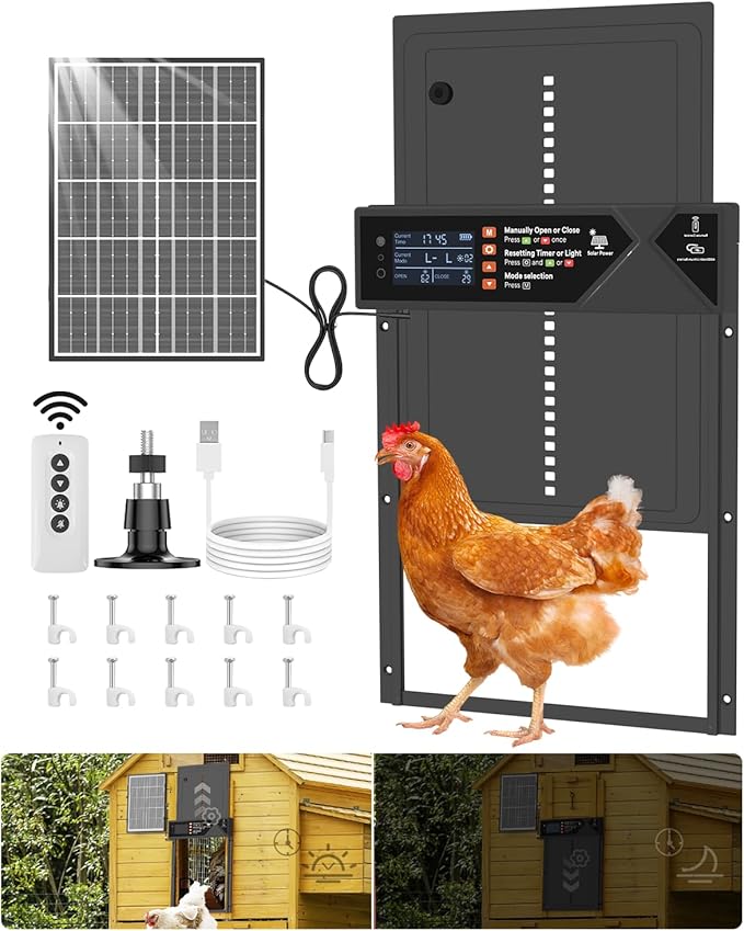 Large Automatic Chicken Coop Door, 4000mAh High Capacity Chicken Coop Door 7W Solar Powered with Timer & Light Sensor, Anti-Pinch Auto-Aluminum Chicken Door with Wire Clip & Remote Control-Black