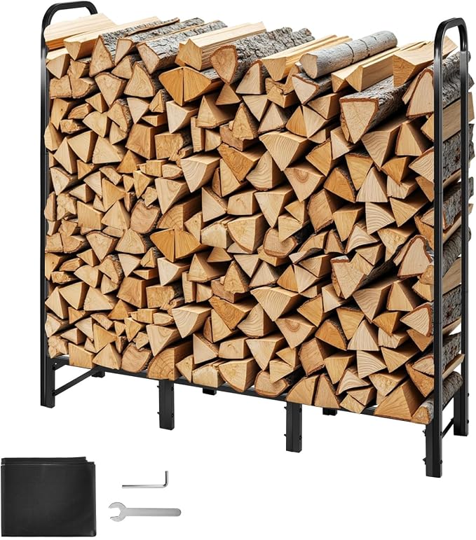 VEVOR Firewood Rack with Waterproof Cover, 4 ft Outdoor Firewood Holder, 1/4 Cord Storage Metal Log Holder, 400lb Max Weight Capacity, Full Covered, Powder-Coated Wood Storage Rack for Fireplace Deck