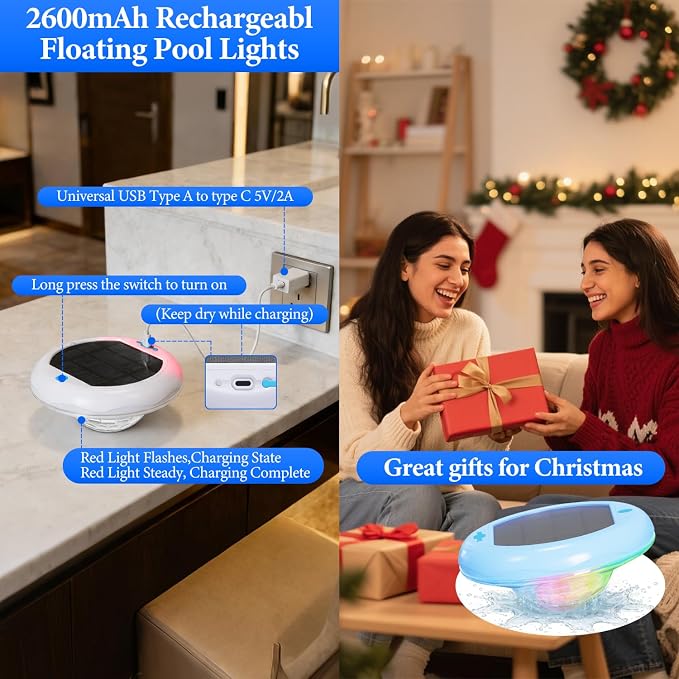 Solar Rechargeable Floating Pool Lights 2 in 1, 6.7 Inch Pool Lights That Float with Remote, 13 RGB Color Changing, Timing Mode, IP68 Waterproof 2600mAh Pool Lights for Inground Pool, Garden 1 Pack