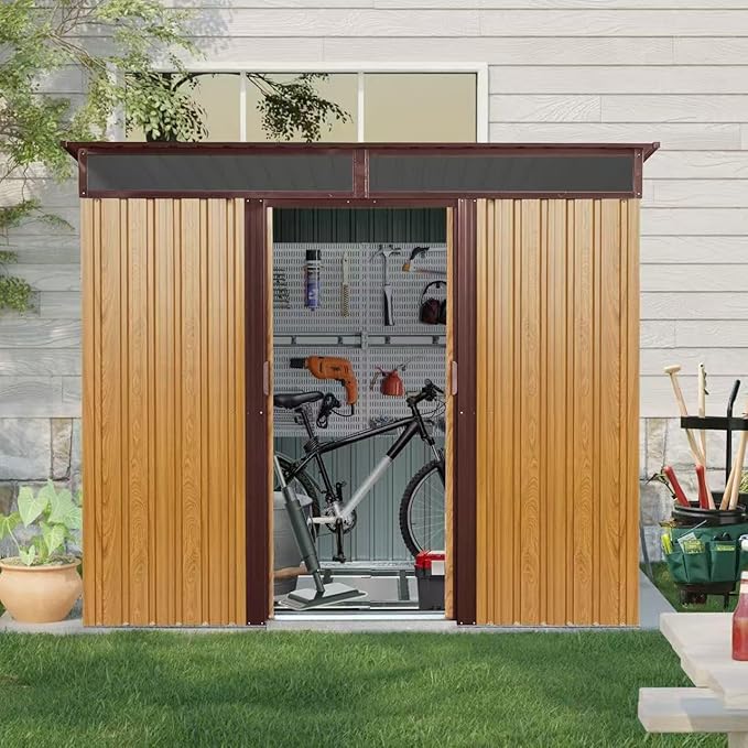 8x6 FT Outdoor Metal Storage Shed, Galvanized Steel Garden Shed, Foundation Frame, Ventilated Tool Storage House, Sloped Roof, Weather Resistant Backyard Shed for Lawn Equipment, Coffee