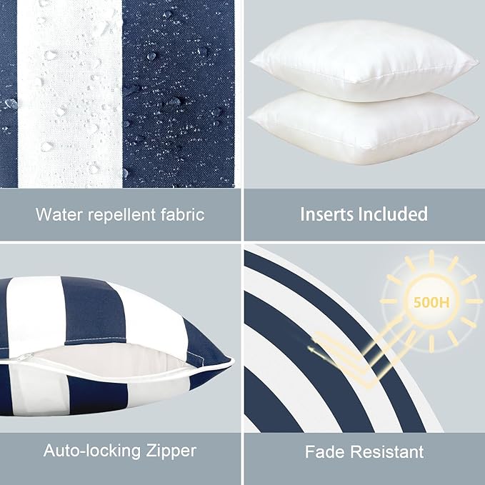 LVTXIII Set of 2 Patio Throw Pillows Waterproof 16"x16" Fade Resistant Outdoor Throw Pillows with Inserts, Fluffy Decorative Garden Toss Pillow Cushions for Home Patio Coach Sofa Use, Cabana Navy