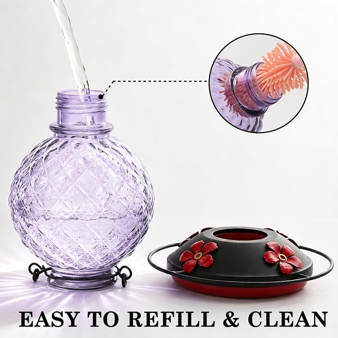25 OZ Glass Hummingbird Feeder for Outdoors, Leak Proof Hummingbird Feeder with Ant Moat, 4 Bee Resistant Feeding Ports, Easy Clean Wide Mouth Design, 360° Perch, Purple