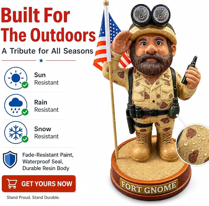 Military Garden Gnome Solar Statue – Patriotic Soldier Gnome | Memorial Day & 4th of July Outdoor Decor | Veteran Gift | Weatherproof Resin Garden Figure with American Flag for Yard & Lawn