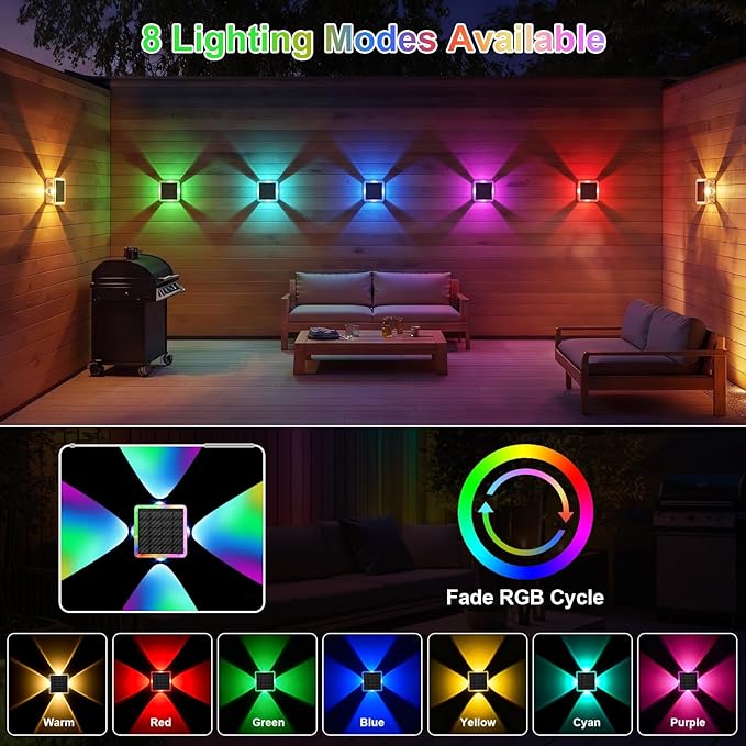 AUDLES Solar Lights Outdoor Waterproof, 4-Sided Glow Solar Wall Lights, Warm White & RGB 8 Modes Color Changing Solar Fence Lights for Doorway Patio Deck Backyard-8 Pack
