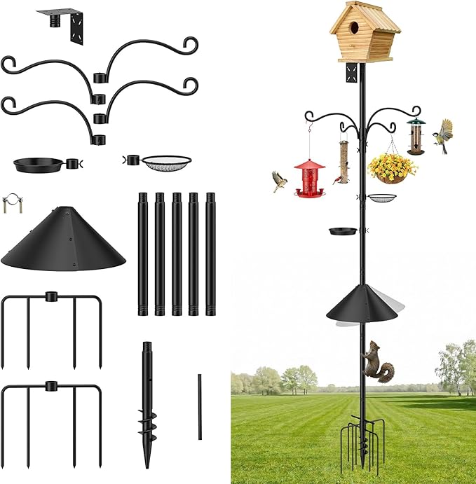 MoKo Bird Feeder Pole, 92 inch Bird Feeding Station Heavy Duty with Squirrel Baffle and 9 Prong Base, Includes Water Bowl and Mesh Tray for Feeding, for Gardens and Courtyards, No Bird House, Black