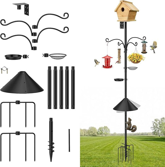MoKo Bird Feeder Pole, 92 inch Bird Feeding Station Heavy Duty with Squirrel Baffle and 9 Prong Base, Includes Water Bowl and Mesh Tray for Feeding, for Gardens and Courtyards, No Bird House, Black