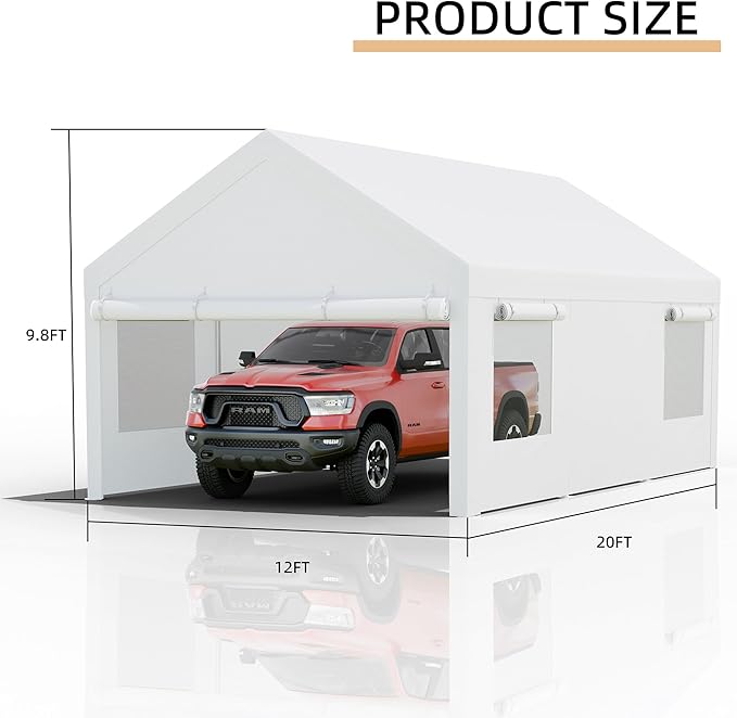 JY QAQA Carport, 12x20 FT Heavy Duty Carport with Removable Side Walls and Doors, Portable Garage with Roll-Up Window and Sandbags, Car Canopy with All-Season Tarp for Cars, Trucks, Boats, White