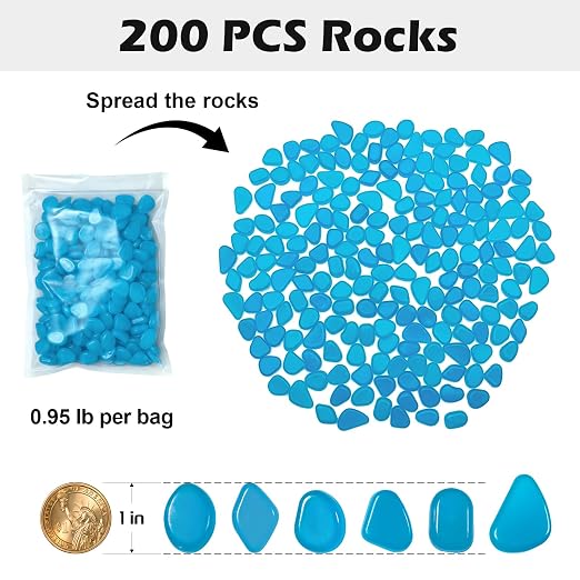 NAMTSO Glow in The Dark Rocks Outdoor, 200 pcs Blue Solar Rocks for Landscaping, Outdoor Decor Glow in The Dark Stones, Glowing Pebbles for Garden Backyard Patio Lawn Pond Fish Tank Aquarium Decor