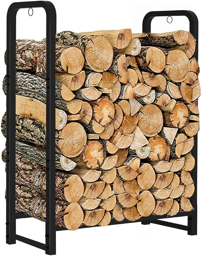 Firewood Rack Stand 2ft Heavy Duty Logs Holder for Outdoor Indoor Fireplace Metal Wood Pile Storage Stacker Organizer, Matte Black
