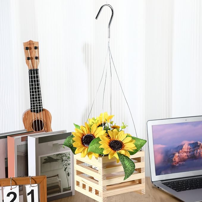 Briwooody 4 Pack Wooden Plant Hanger Set Including 6 Inch Strong Hanging Orchid Wooden Square Baskets and 24 Inch Wire Plant Hangers for Hanging Orchid Gardening Indoor Outdoor(Light Brown)