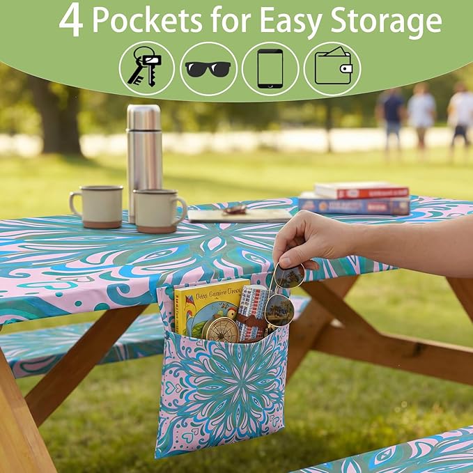 Fitted Waterproof Picnic Table Cover with Bench Covers Elastic Polyester 72in Camping Tablecloths for 6Foot Rectangle Tables Summer Fall Glamping Roadtrip Stuff Festival Vacation Items Gift