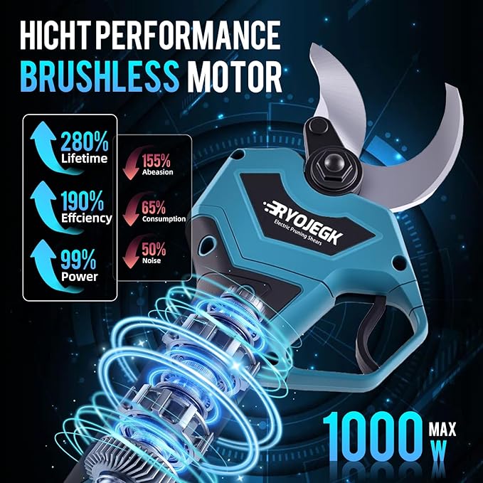 RYOJEGK 21V Brushless Electric Pruning Shears, 1.6-Inch Cutting Cordless Power Pruner with 2x2.0Ah Battery & 3 SK5 Blades, 2.4" Max Opening Garden Shears for Tree Trimming and Fruit Harvesting