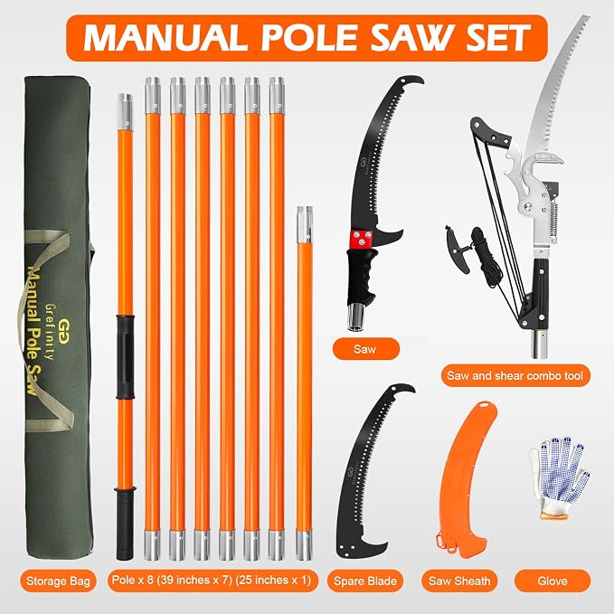 Grefinity Manual Pole Saw, 27 Ft Tree Trimmer, Extendable Pole Saws for Tree Trimming, Sharp Blade and Heavy Duty Scissors, for Backyard and Garden Pruning Palms & Shrubs, Orange