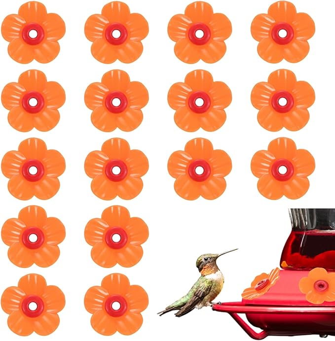 M METERXITY 16-Pack Hummingbird Feeder Replacement Flowers, Plastic Pet Hummingbird Feeding Parts Feeding Ports for Outdoor Hanging Feeders, Bees Guards [Orange]