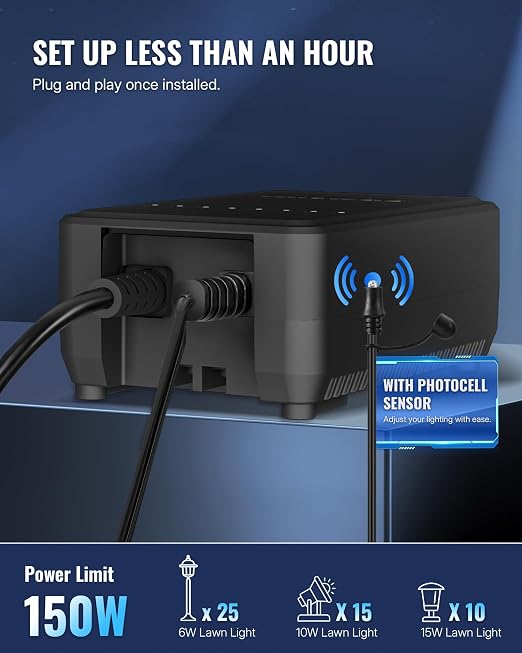 150W Low Voltage Landscape Transformer, Weatherproof Outdoor Low Voltage Transformer, 120V AC to 12V DC, Landscape Lighting Transformer with Timer and Photocell Sensor, ETL Listed A04LT06