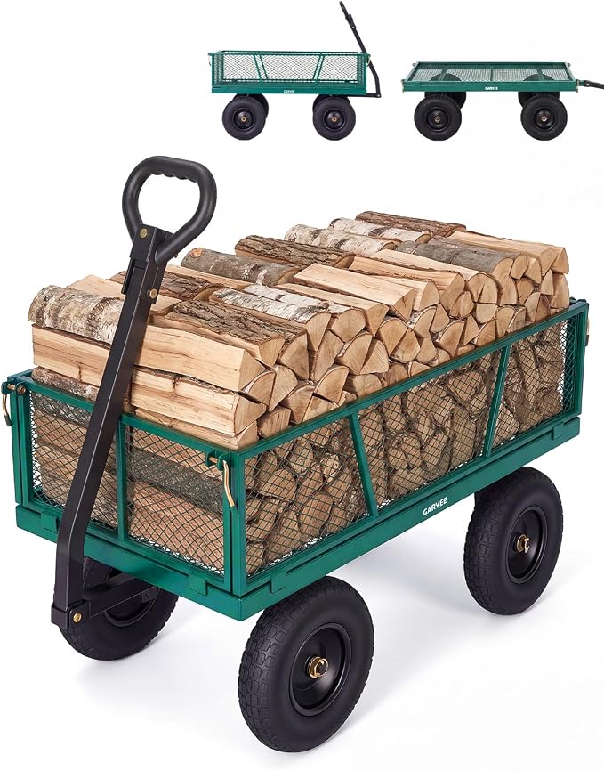 Garvee Versatile Outdoor Utility Cart-1200LBS Heavy-Duty, 13" All-Terrain Pneumatic Tires, Vehicle-Connectable, Easy Maneuverable Lawn Cart with Removable Mesh Panels for Gardening & Landscaping,Green