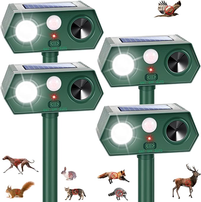Sonic Fortress Pro Deer Repellent Devices, IP65 Solar Ultrasonic Racoon Squirrel Repellent Outdoor Motion Activated Animal Repeller Cat Deterrent Light to Scare Rabbit Dog Skunk Out of Garden Yard(4)