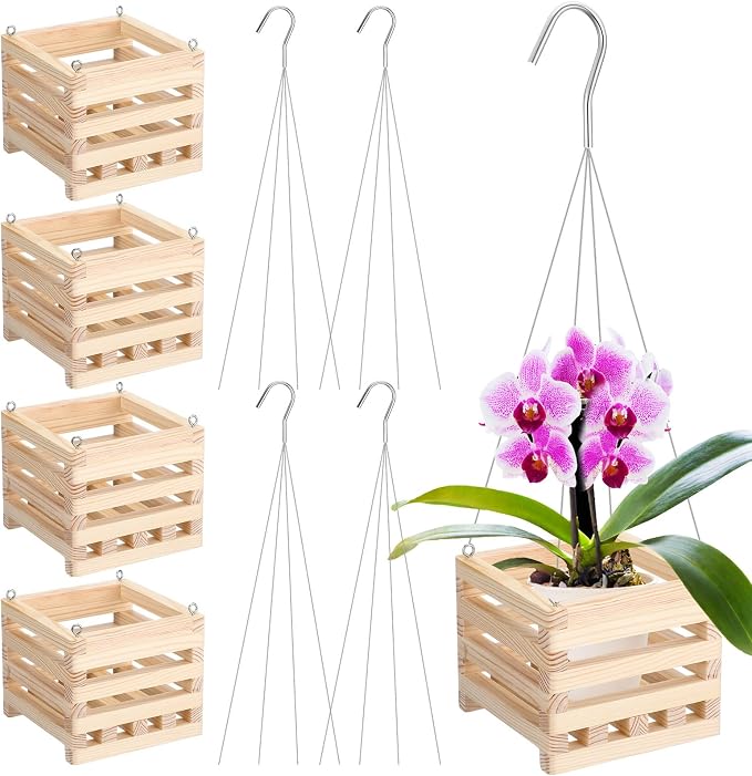 Briwooody 4 Pack Wooden Plant Hanger Set Including 6 Inch Strong Hanging Orchid Wooden Square Baskets and 24 Inch Wire Plant Hangers for Hanging Orchid Gardening Indoor Outdoor(Light Brown)