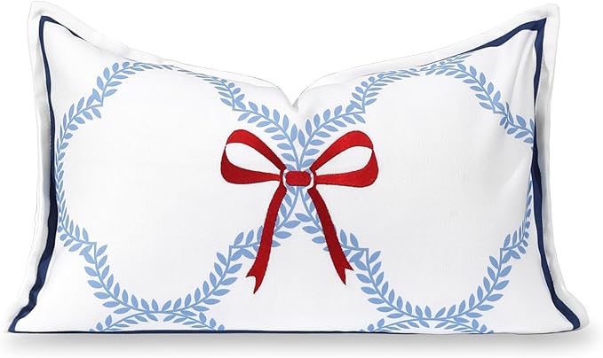Hofdeco Premium Coastal Hampton Patio Indoor Outdoor Lumbar Pillow Cover Only, 12"x20" Water Repellent for Backyard, Couch, Poolside, Azure Blue Red Embroidered Ribbon Bow Tie on Leaves
