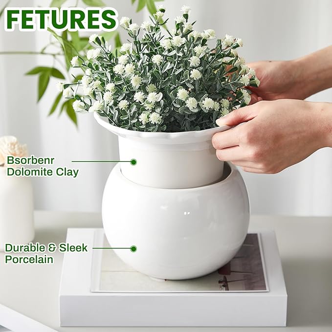 Suclain 2 Pcs African Violet Pots, 6.5 Inch Self Watering Pots for Indoor Flowers and Plants Ceramic Easy Self Watering Plant Pot with Highly Absorbent Inner Planter Pot for Tropical Plants(White)