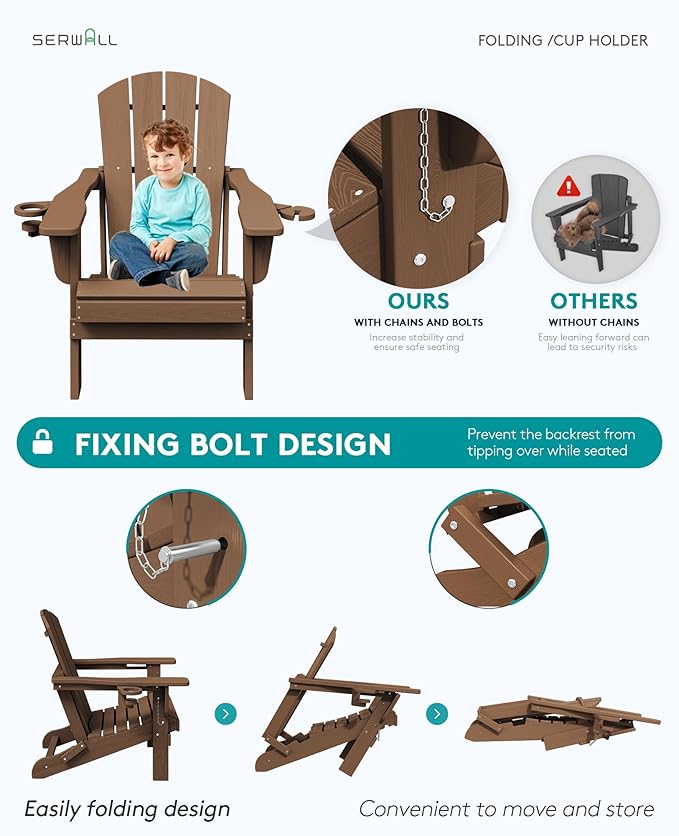 SERWALL Folding Adirondack Chair with Dual Cup Holder,1 Pack-Classic,Brown