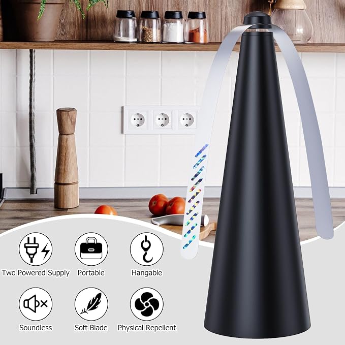 Glovv Fly Fans for Tables, Food Fan to Keep Flies Away, 4 Pack Portable Outdoor Indoor Batteries Powered Picnic Table Top Spinner with Metal Hanger, Bug Repellent for Restaurant, Camping (Black)