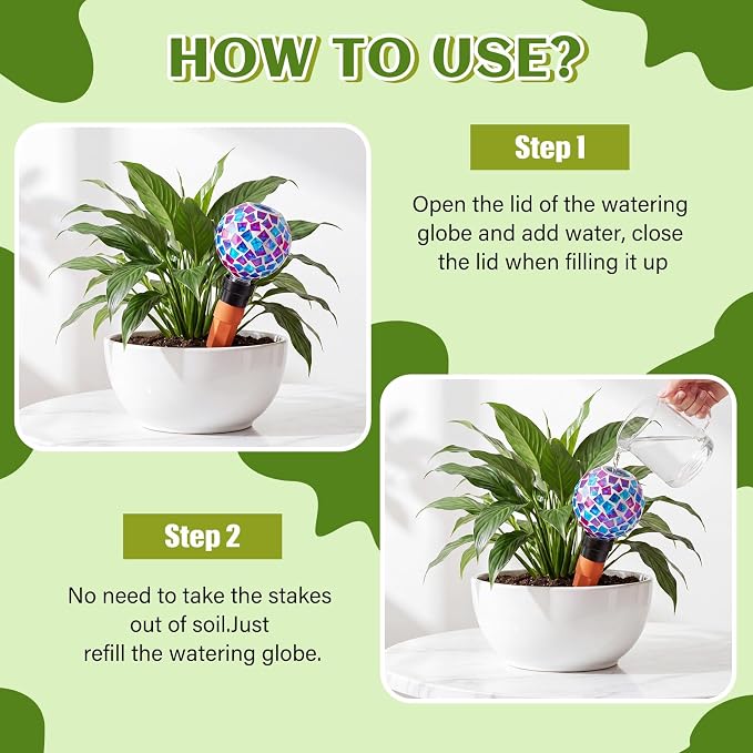 Frienda 3 Pack Mosaic Self Watering Spikes Plant Watering Globes Slow Release Vacation Insert Automatic Plant Waterer Device for Indoor Outdoor Automatic Waterer