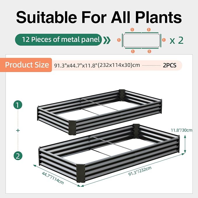 8x4x1ft(2 Pack) Galvanized Raised Garden Bed,Outdoor Planter Box Metal Patio Kit Planting Bed for Vegetables,Flowers, Black