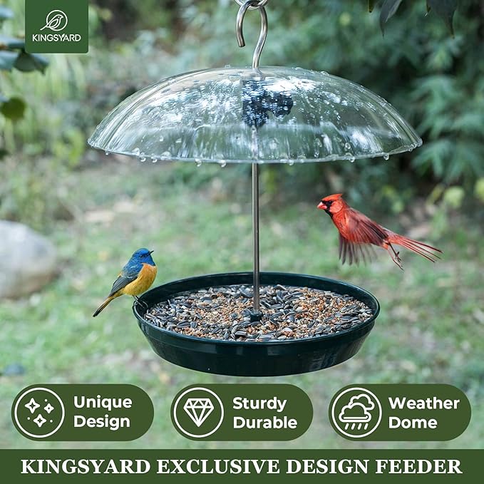 Kingsyard Adjustable Platform Bird Feeder for Outdoors, Hanging Metal Seed Tray with Clear Rain Proof Dome, Large Capacity for Wild Bluebird Cardinal Dove Mealworm, Green