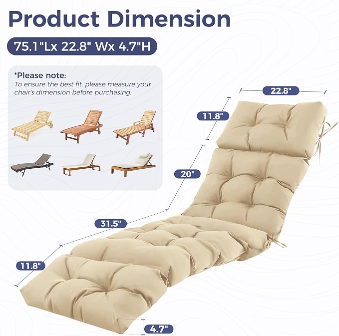 Outdoor Chaise Lounge Cushions 75.1x22.8x4.7 Inch, Waterproof Lounge Chair Cushions for Pool, Patio, Deck, Lawn, Fade Resistant Lounge Cushions for Outdoor Furniture, Beige, Set of 2