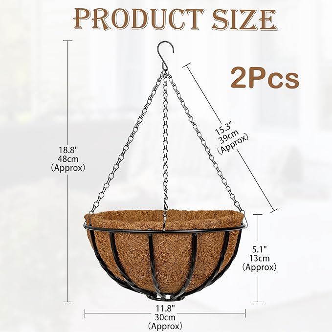 12 Inch Metal Hanging Basket with Coco Coir Liner for Flowers Planting, 2 Pack Hanging Baskets for Plants Outdoor, Round Wire Twisted Planters with Chain for Home Patio Porch Balcony Garden Decor