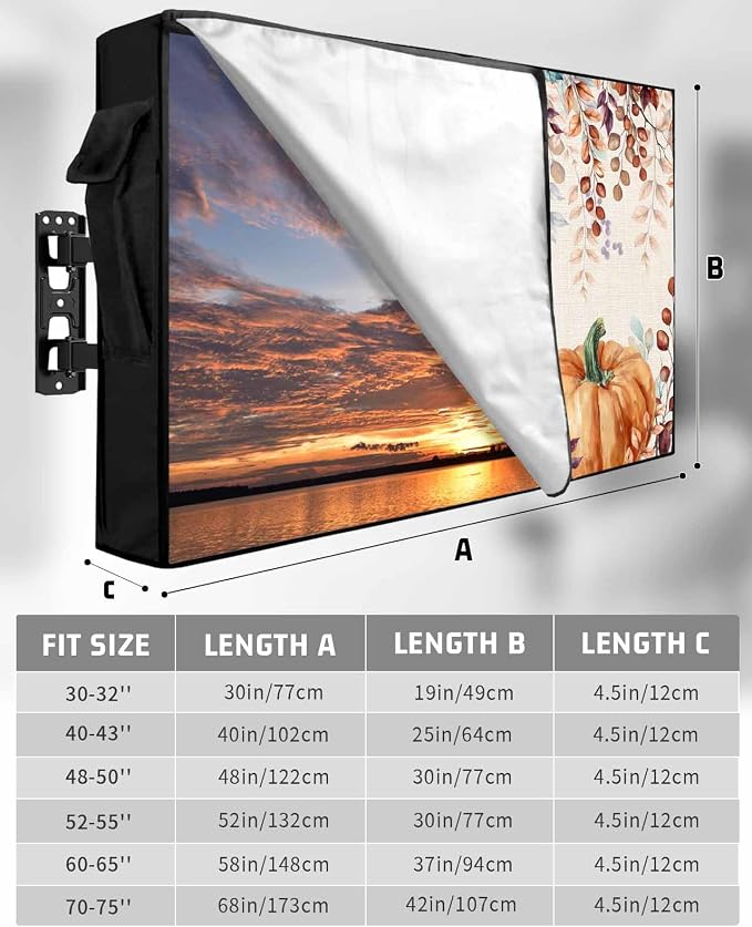 Outdoor TV Cover for Outside Flat Screen,Retro Autumn Pumpkin Eucalyptus Leaves,600D Thick Waterproof Weatherproof Outdoor TV Screen Protector with Zipper for 48 to 50 Inch Flat Screens