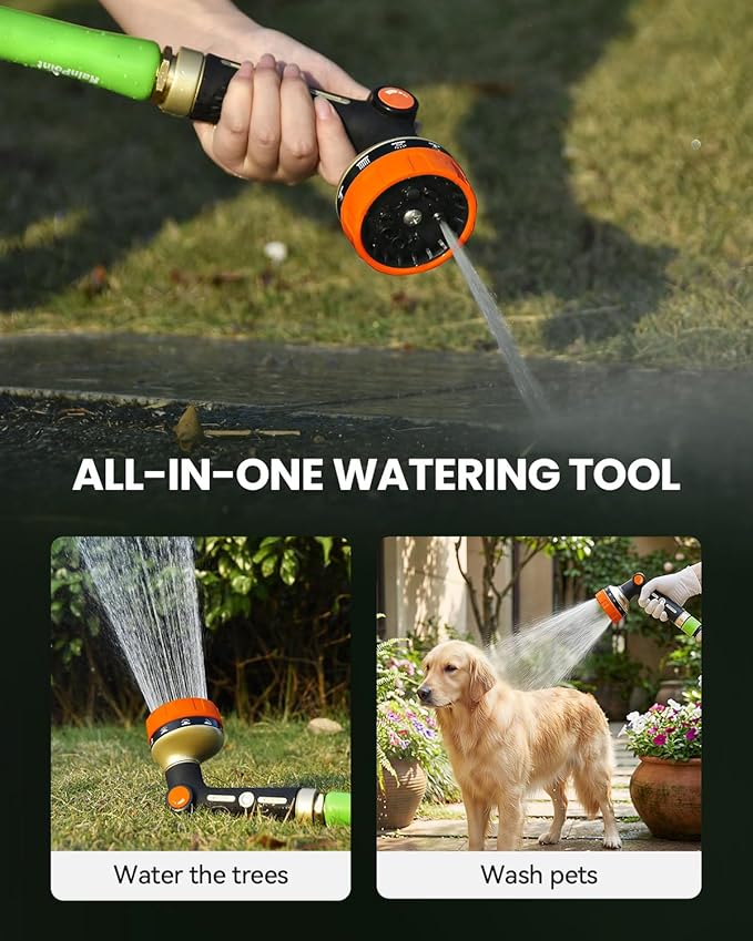 RAINPOINT Garden Hose Nozzle Heavy Duty - 100% Metal Thumb Control Spray Nozzles for Garden Hose High Pressure, 10 Patterns Water Hose Nozzle for Car Wash, Watering Lawn and Pets, Orange