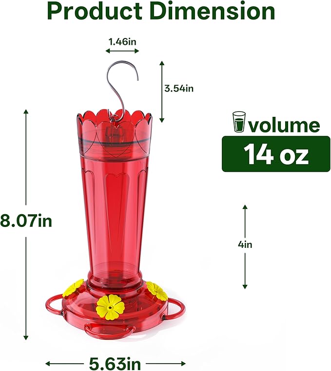 Plastic Hummingbird Feeder, 14 oz Hummingbird Feeders for Outdoors Hanging, Leak-Proof Nectar Feeders with 4 Feeding Ports and Perches, Gifts for Mom, Dad, Grandparents-Red