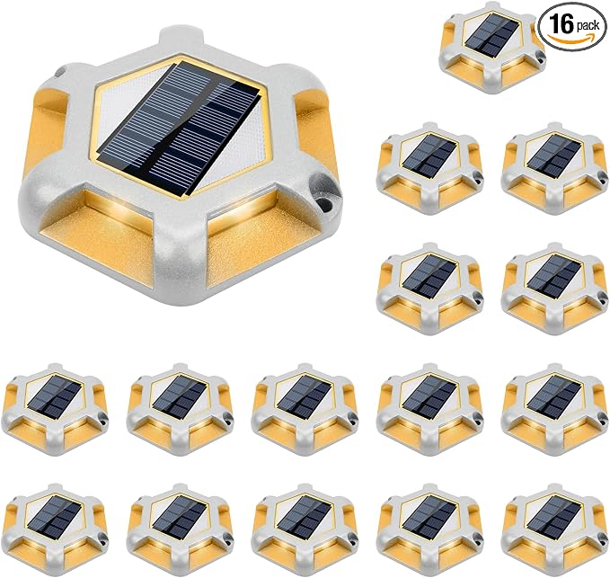 VOLISUN Solar Dock Lights - 16-Pack Waterproof Outdoor LED Aluminum Warning Step Lights for Driveway (Warm White & White, 2 Colors in 1), Auto On/Off